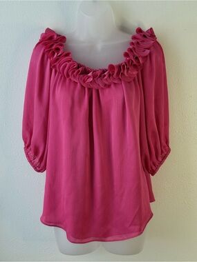 Trina Turk Pink Ruffle Neck Chiffon Blouse Small